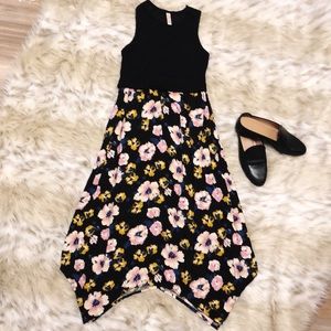 Flowy BOHO Dress— black Top Knit and Floral Flare